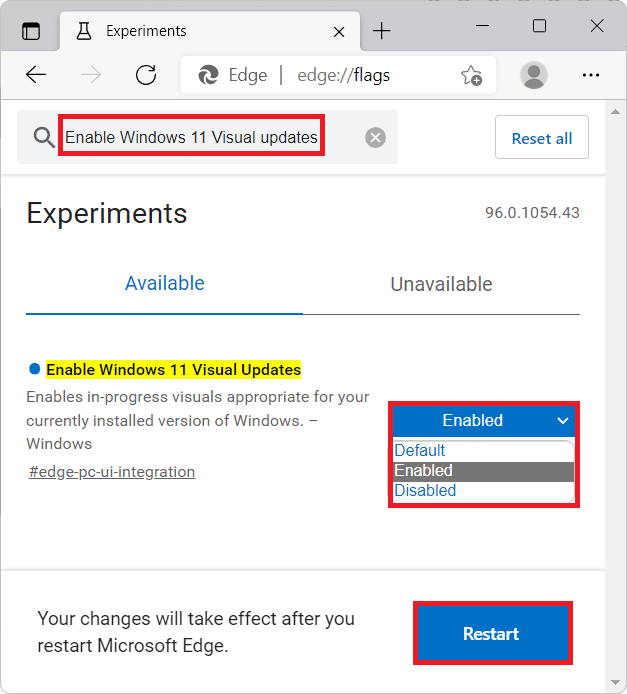 Experimental tab in Microsoft Edge