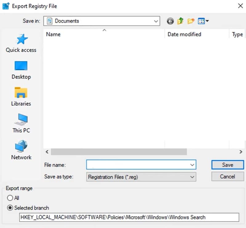 Export Registry File window