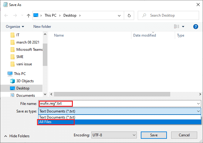 File name prompt window. With All files in save as type highlighted. 