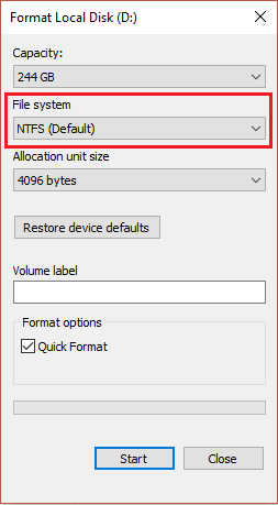file system must be set to NTFS