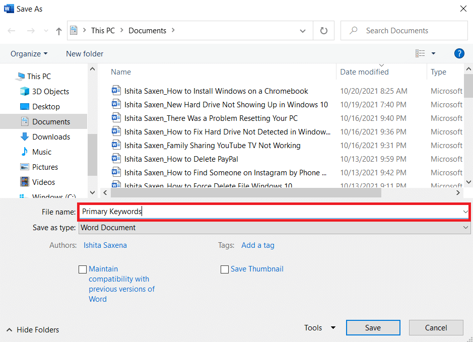 Fill the File name field with an appropriate name.