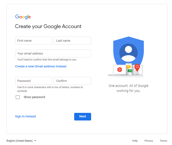 Fill the information on Google account creation page.