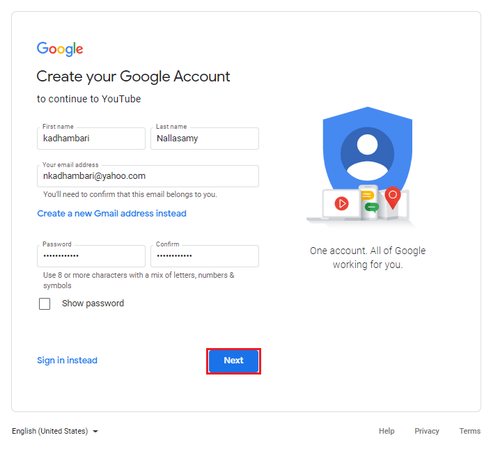 Fill the information on Google account creation page