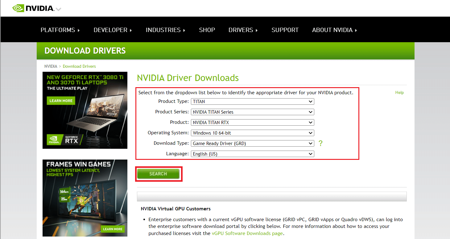 Fill up the NVIDIA adapter model details and select Search.