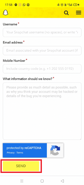 fill up the required fields and tap on Send | How Do I Get My Old Snapchat Account Back