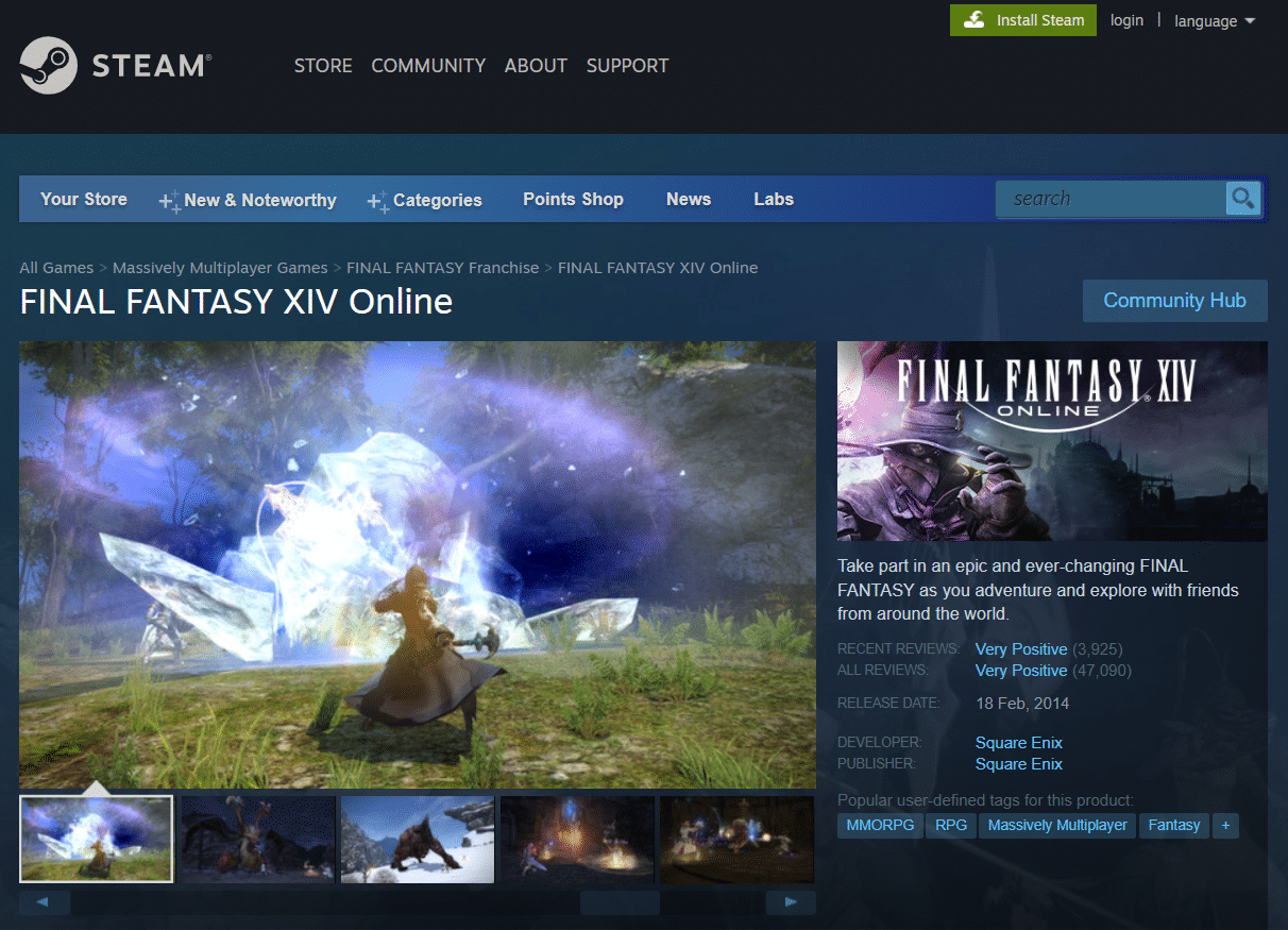 Final Fantasy XIV онлайн-страница Steam