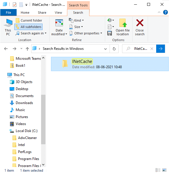 Finally, click on INetCache and remove the temporary files in it.
