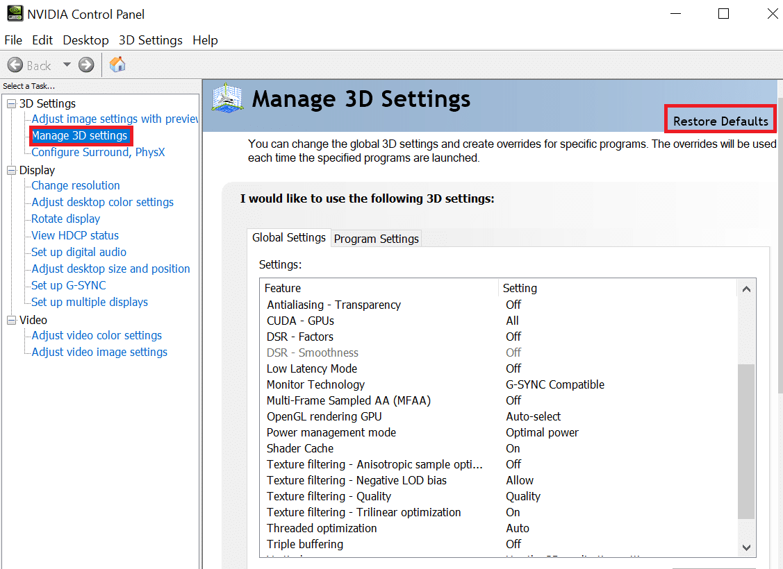 Finally, click on Restore Defaults option at the top right corner of the screen to reset graphics card settings