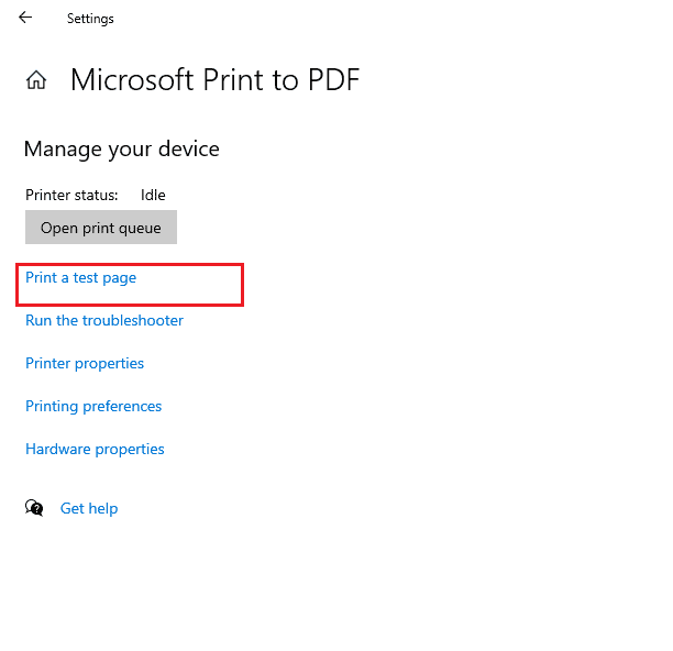 click on the Print a test page option
