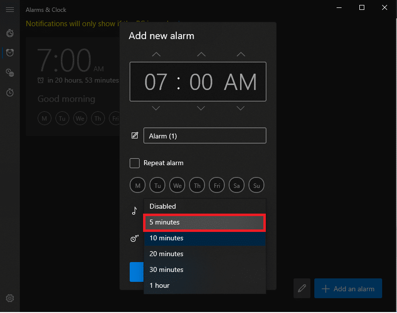 Finally, set the snooze time from the drop down next to snooze icon. How to Set Alarms in Windows 10 and allow wake timers