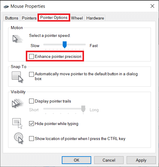 Finally, uncheck the box of Enhance pointer precision in the Motion subsection to turn off mouse acceleration. 
