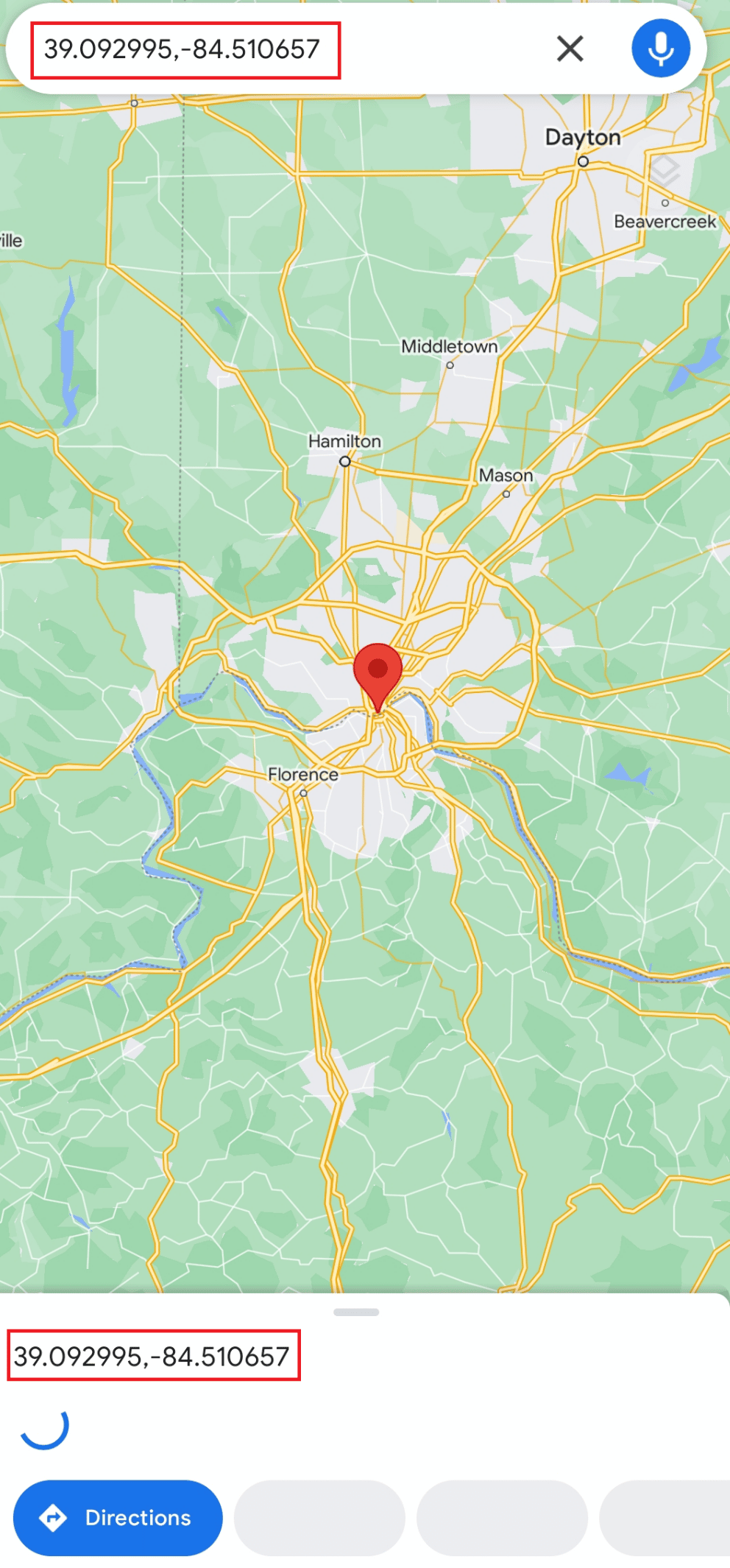 Finden Sie Cincinnati und drücken Sie lange auf den Standort auf dem Bildschirm Ihres Mobiltelefons, um die Koordinaten (39.09299,-84.51065) | zu erhalten auf halber Strecke zwischen zwei Orten
