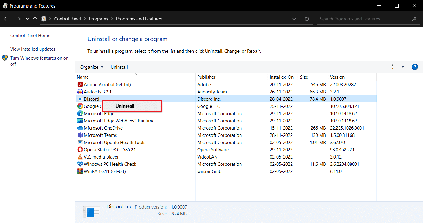 ค้นหา Discord ในรายการโปรแกรมแล้วเลือกถอนการติดตั้ง แก้ไขข้อผิดพลาดในการติดตั้ง Discord บน Windows 10