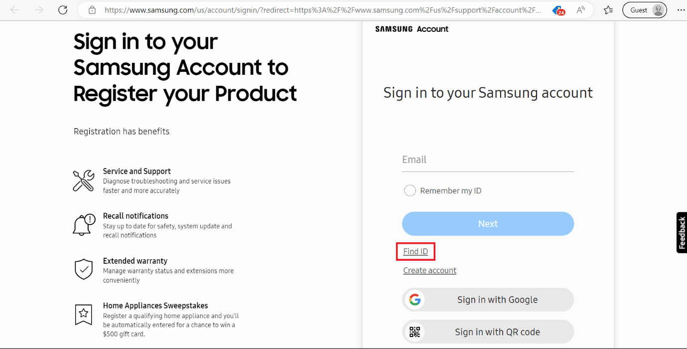 Find id option for samsung account shown