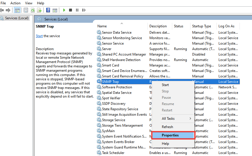 select SNMP Trap properties. Fix Windows 10 Network Profile Missing Problem