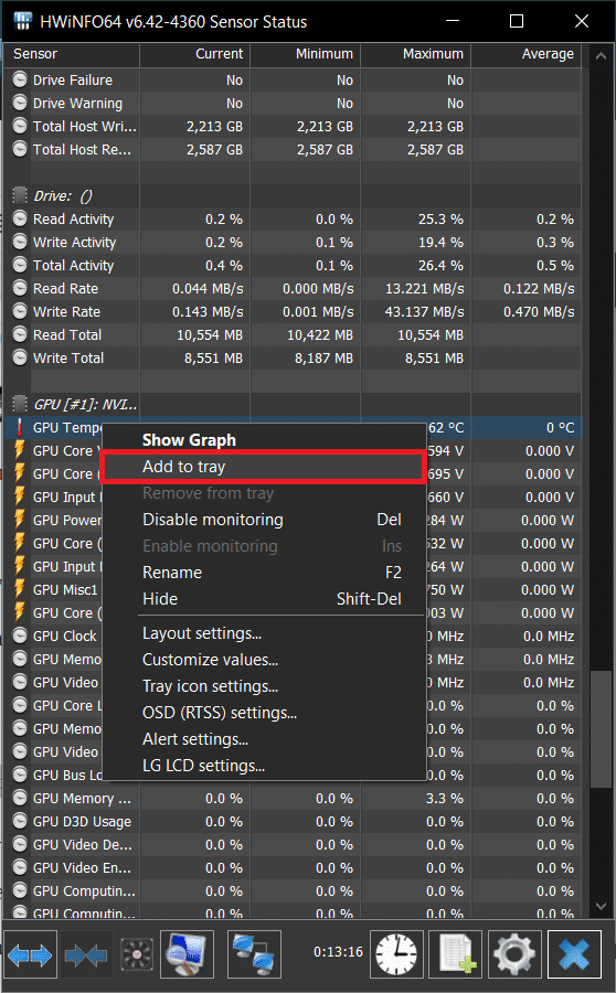 find the ‘GPU Package temperature’ and click on ‘Add to tray’ in the right-click menu.