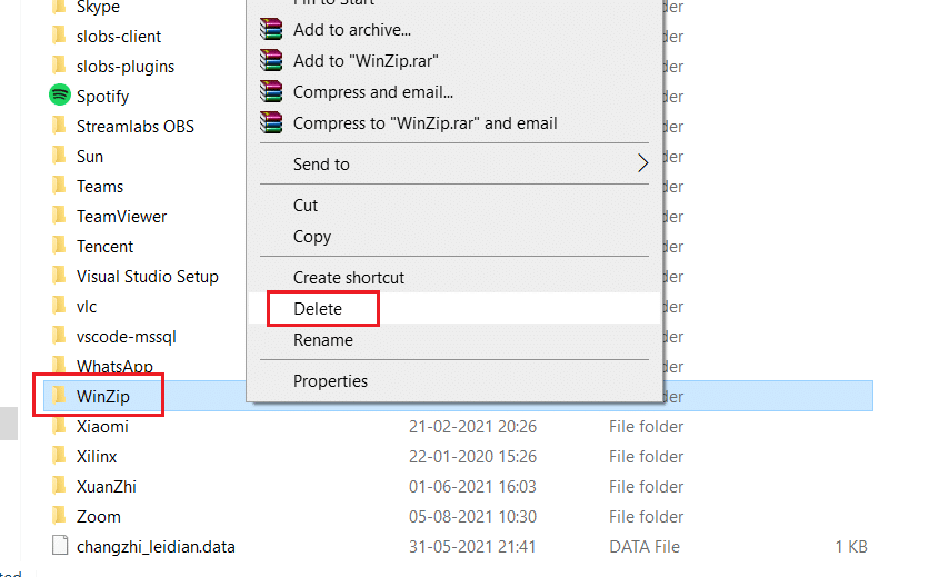 find winzip folder and right on it then select delete