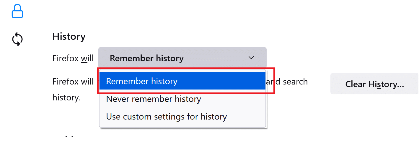 Firefox で「履歴を記憶」をクリックします