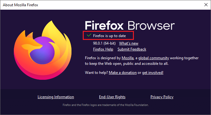 Firefox is up to date message