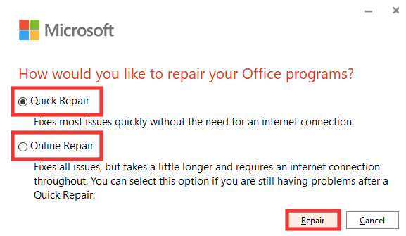 Quick Repair option. Fix Excel Has Run into an Error