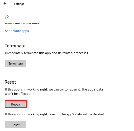 Firstly, scroll down the screen and click on the Repair option | Fix Microsoft Teams Crashing on Windows 10