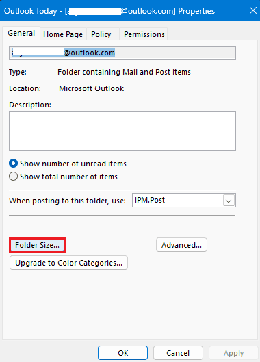 folder size option in Outlook today data file properties