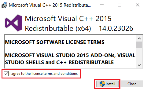 Follow the prompt and install the latest version of Microsoft Visual C plus plus Runtime