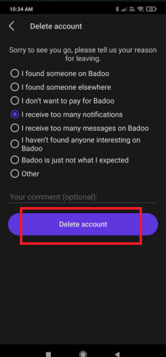 Tap on Delect Account. How to Delete a Badoo Account