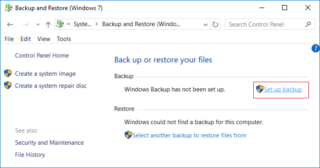 From backup and restore window click on Set up backup