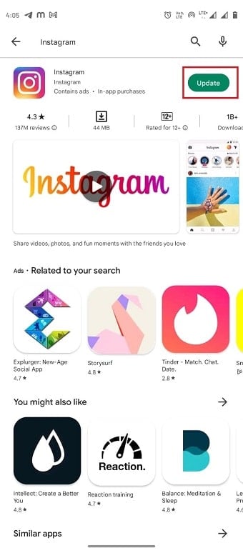From search results, select Instagram and tap on the Update button | What is Instagram Challenge Required? | Instagram app not working