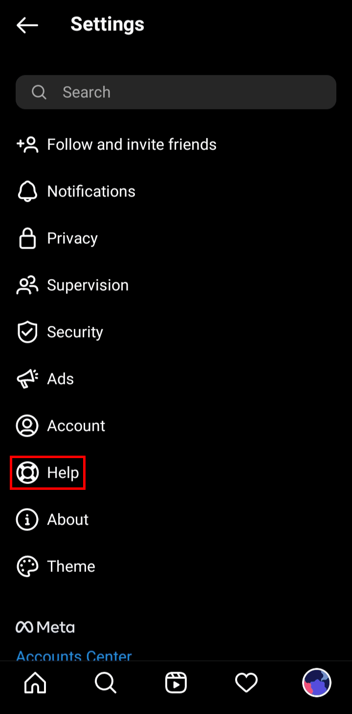 From settings, tap on Help.