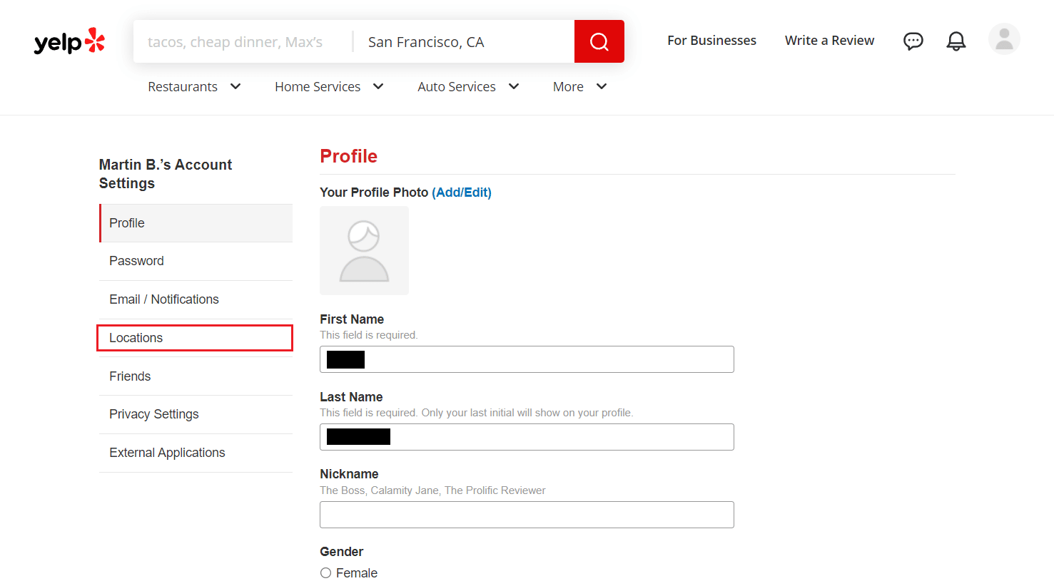 from the Account Settings page, click on the Locations from the left pane