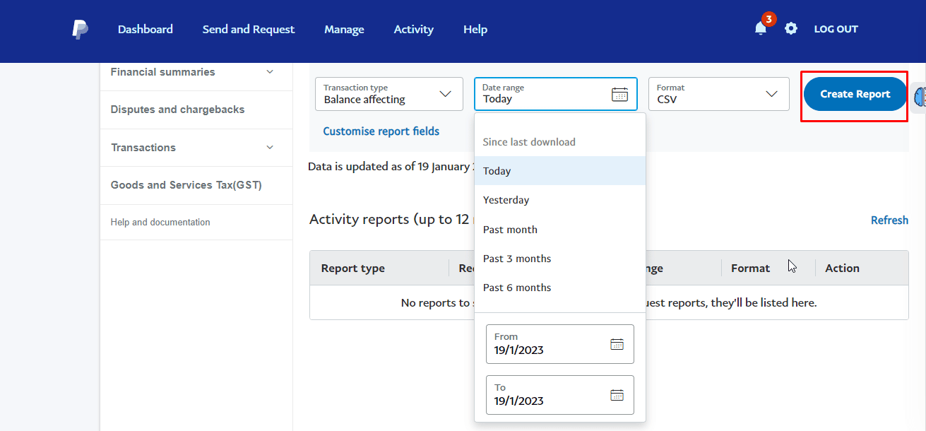 활동 다운로드 탭에서 거래 유형, 날짜 범위 및 보고서를 다운로드할 형식을 선택하세요. 모든 작업이 완료되면 보고서 생성 옵션을 클릭하세요. | PayPal 기록을 삭제하는 방법