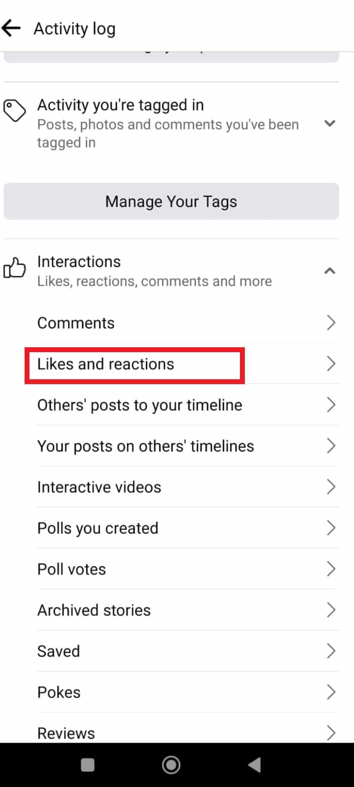 From the drop-down menu, choose Likes and reactions.