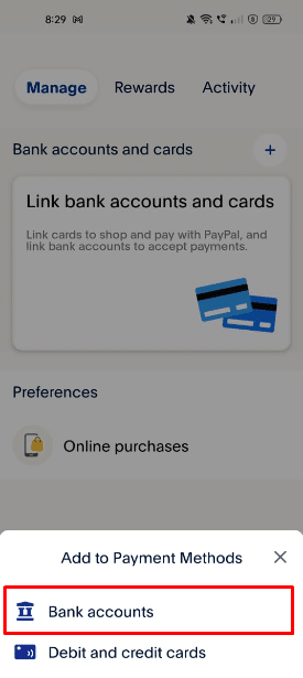 드롭다운 메뉴에서 은행 계좌 옵션을 탭하여 새 은행 계좌를 연결하세요. | PayPal 기록을 삭제하는 방법