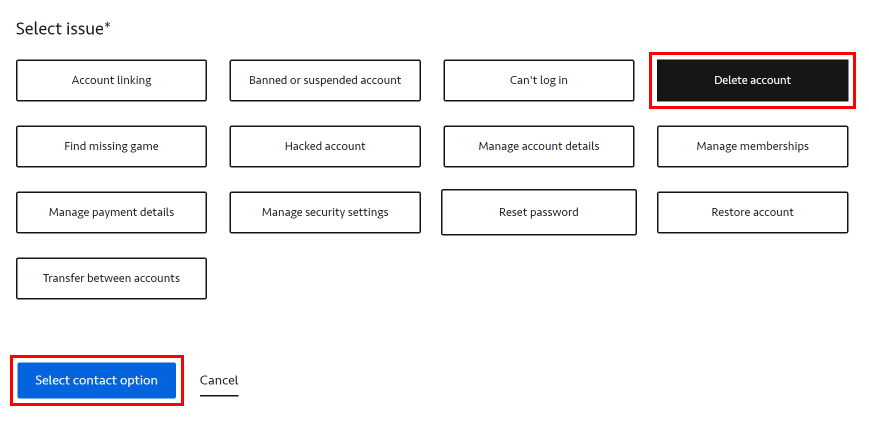 From the issues, click on Delete account - Select contact option | How Do I Unlink EA Account from PS4