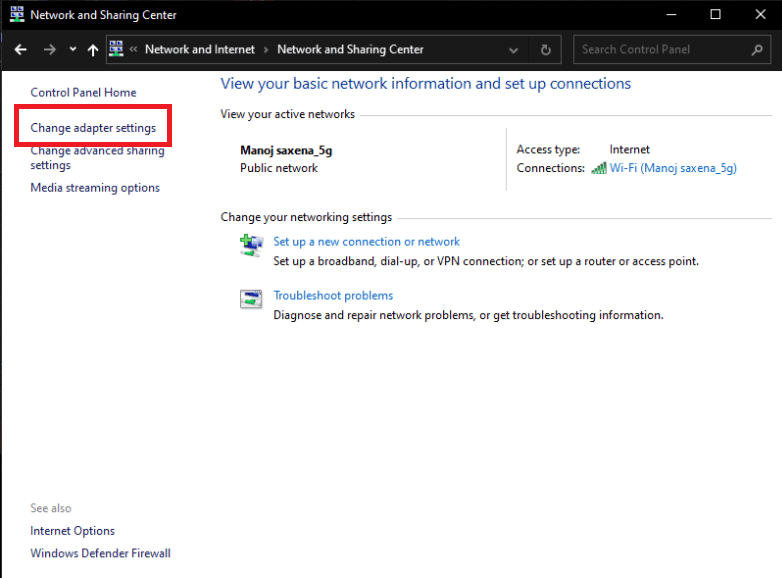 click on the Change adapter settings option. Fix Warframe Error 10054 on Windows 10