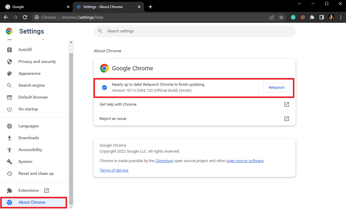 kattintson a Chrome névjegye elemre, és ellenőrizze a frissítéseket. A nem működő Comcast e-mail javítása
