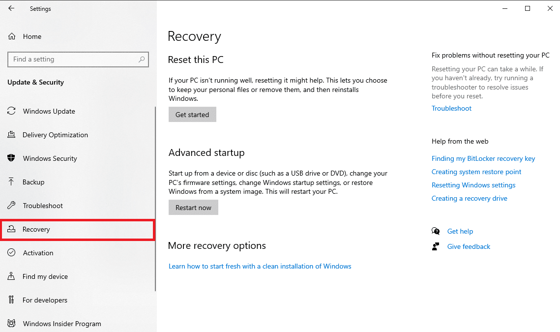 click on the Recovery tab