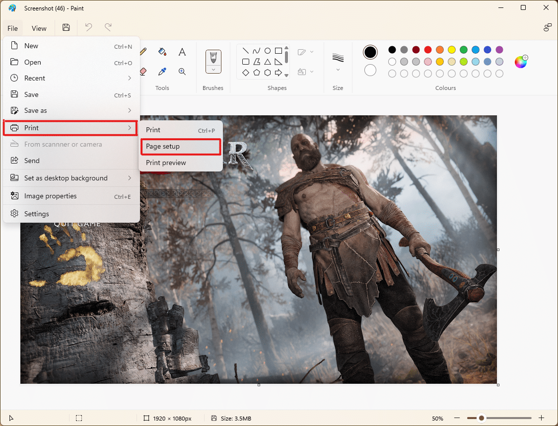 From the list, select the Print option and then click on Page setup. | how to print large image on multiple pages