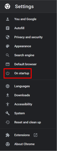 From the options on the left panel click on the On Startup option.