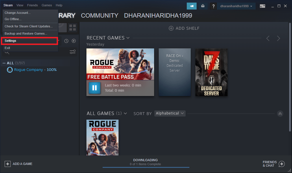 From the options that drop down, click on Settings to proceed | Fix Steam Not Downloading Games