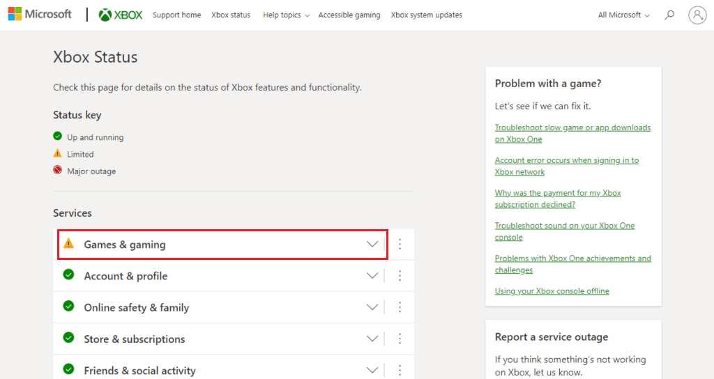 games and gaming xbox status page