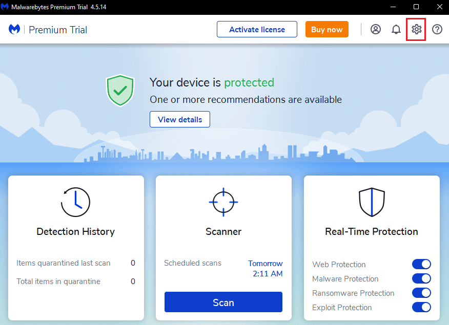 gear icon to open Malwarebytes Setting. Fix Malwarebytes Not Updating in Windows 10