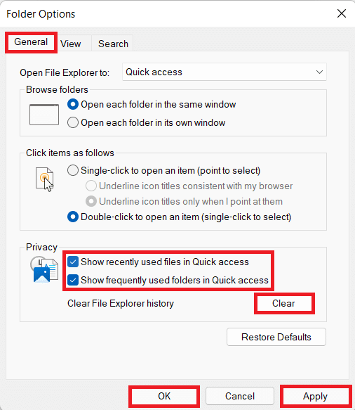 General tab in Folder options window