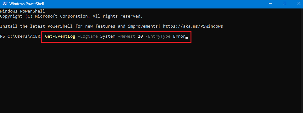 get eventlog logname system newest command in powershell