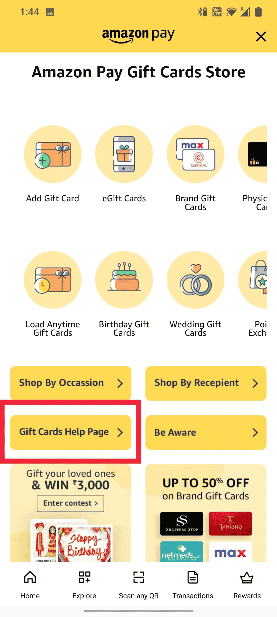 Gift Cards Help option on the Amazon app | transfer gift card balance to bank account