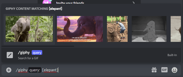 /giphy [elephant] shows gifs of elephants | Discord Chat Commands list