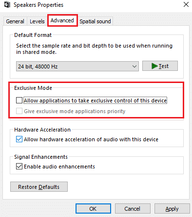  Give exclusive mode applications priority option will be automatically unchecked. Fix Logitech Speakers Not Working on Windows 10