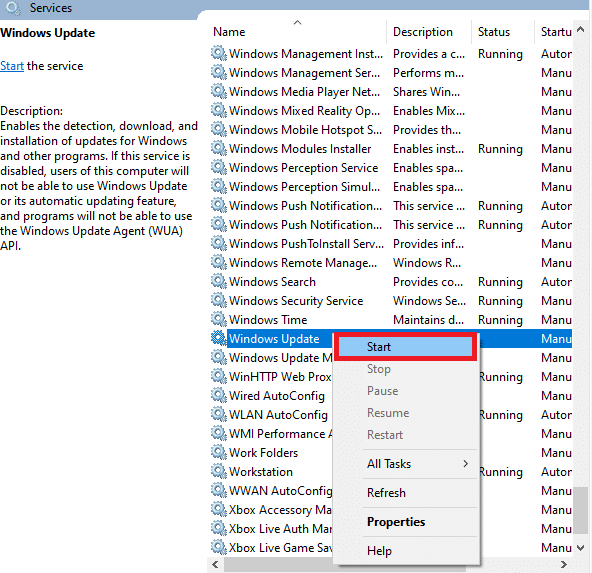 go back to the Services window and right click on Windows Update. Here, select the Start option